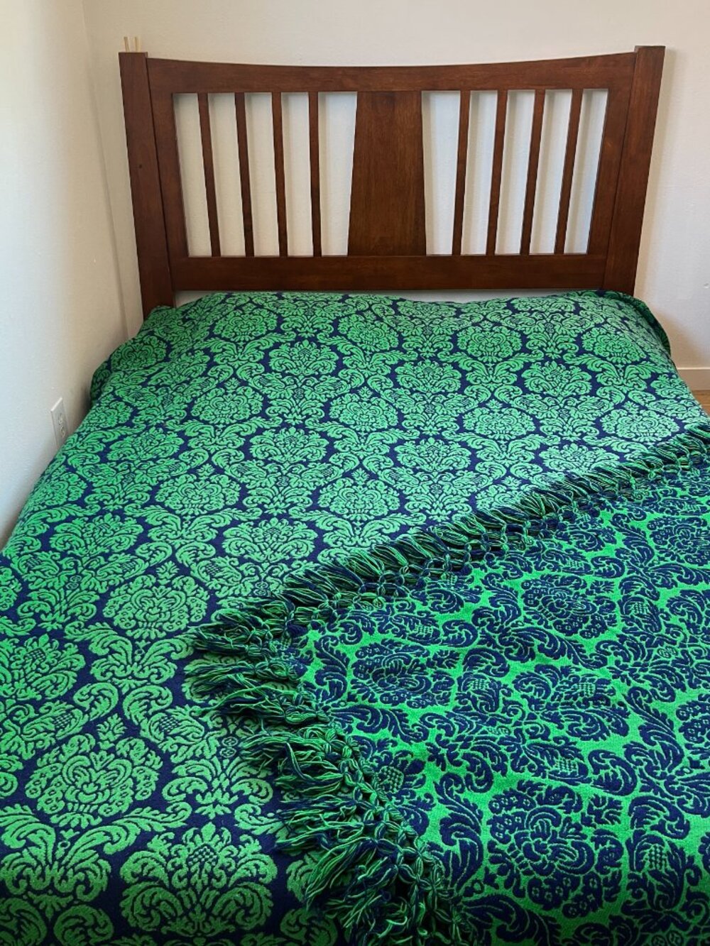 Vintage Mid-Century Queen Size Italian Woven Jacquard Bedspread Green & Blue